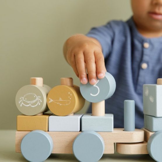 zabawka Little Dutch drewniane klocki, które w dowolny sposób dwulatek może układać, łączyć, dobierać ze sobą w ulubione kompozycje