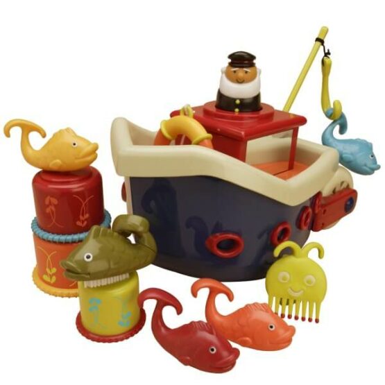 Zestaw do kąpieli – Statek z akcesoriami (B.Toys) łowienie rybek, kapitana, koło ratunkowe, wędkę i cztery rybki do łowienia, trzy kolorowe pojemniczki do przelewania wody,sprawdzi się jako prezent dla chłopca i dziewczynki.