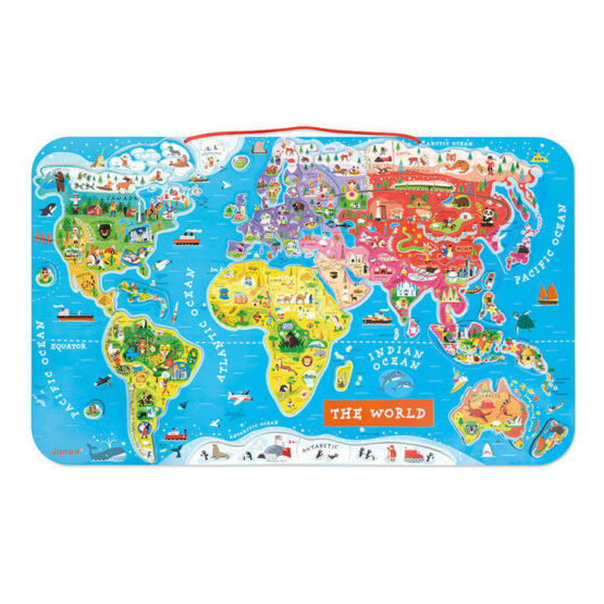 Puzzle magnetyczne Janod kolorowa mapa świata na ścianę z obraskami kultur danego kraju magnetyczna mapa dla dzieci i dorosłych