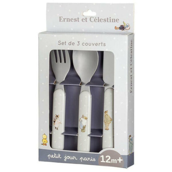 Zestaw sztućców dla dziecka - Ernest i Celestyna (Petit Jour Paris) sztućce dla rocznego dziecka widelec, nóż, łyżeczka