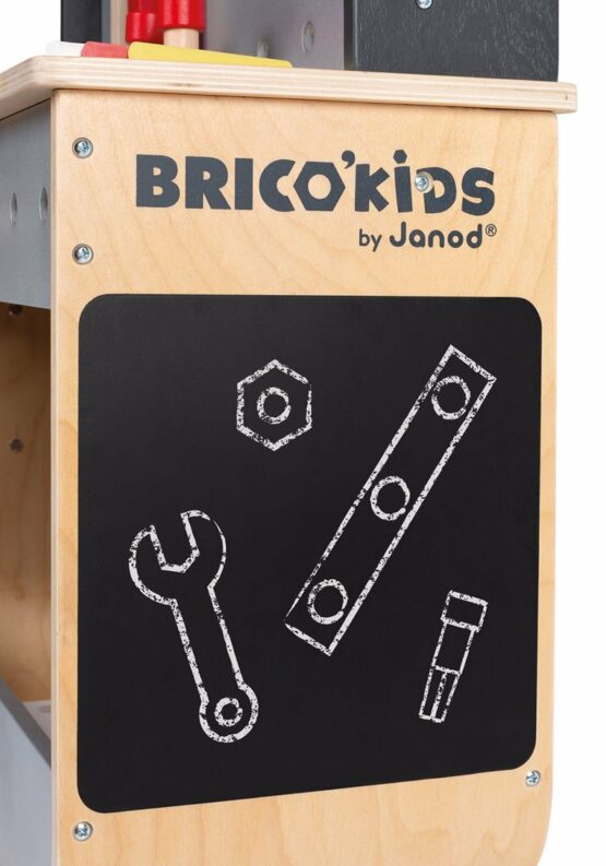 Dwustronny drewniany stolik warsztatowy z 34 akcesoriami – Brico’kids (Janod)