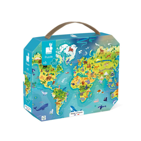 Puzzle w walizce – Mapa świata 100 elementów 6+ (Janod)