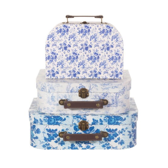 Dekoracyjne walizeczki dziecięce, 3 szt. – Kwiaty biało-niebieskie (Sass&Belle)